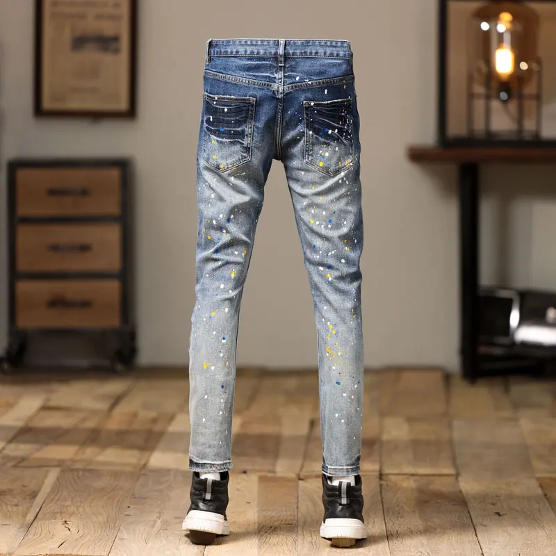 High Street Fashion Men Jeans Retro Light Blue Stretch Skinny Fit Ripped Jeans Men Painted Designer Patched Hip Hop Denim Pants