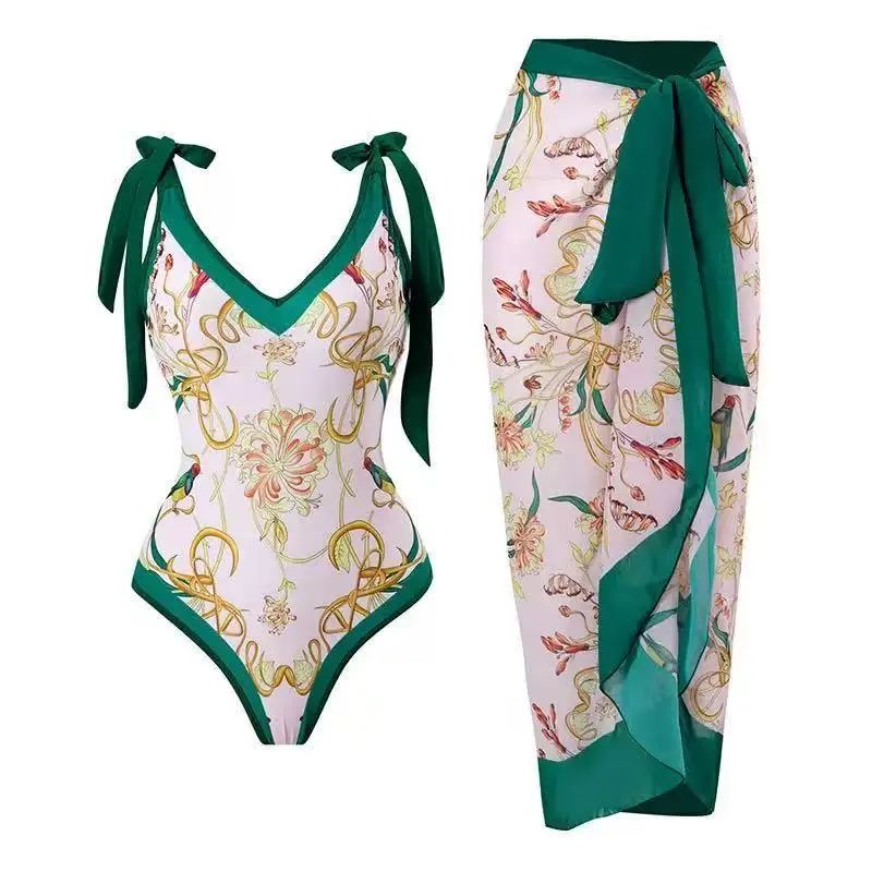 Costume da bagno intero da donna con stampa floreale bohémien, set da bagno elegante, stile abito in due pezzi per le vacanze estive