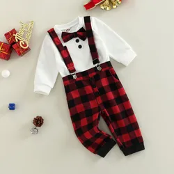 Newborn Baby Boy Clothes Pants Suit Fall Winter Gentleman Long Sleeve Round Neck Bow Shirt Plaid Print Suspender Trousers