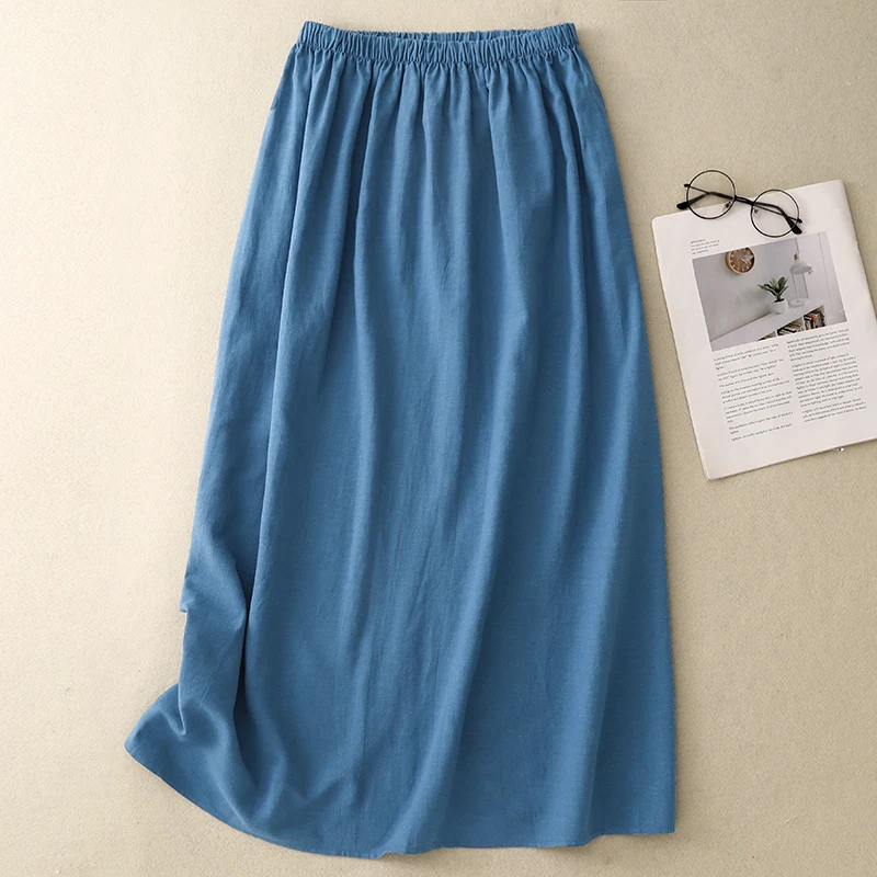 Summer Cotton Linen Blend Breathable Loose Simple Ba Split f Skirt Women Elastic Waist  Color Micro plus Size Skirt
