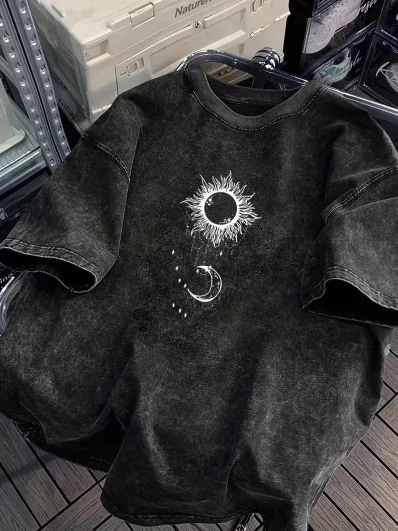 Vintage Washed Sun Moon Star Grafik-T-Shirt für Herren und Damen, lässig, kurzärmelig, Rundhalsausschnitt, Oversize, mystisches, himmlisches T-Shirt