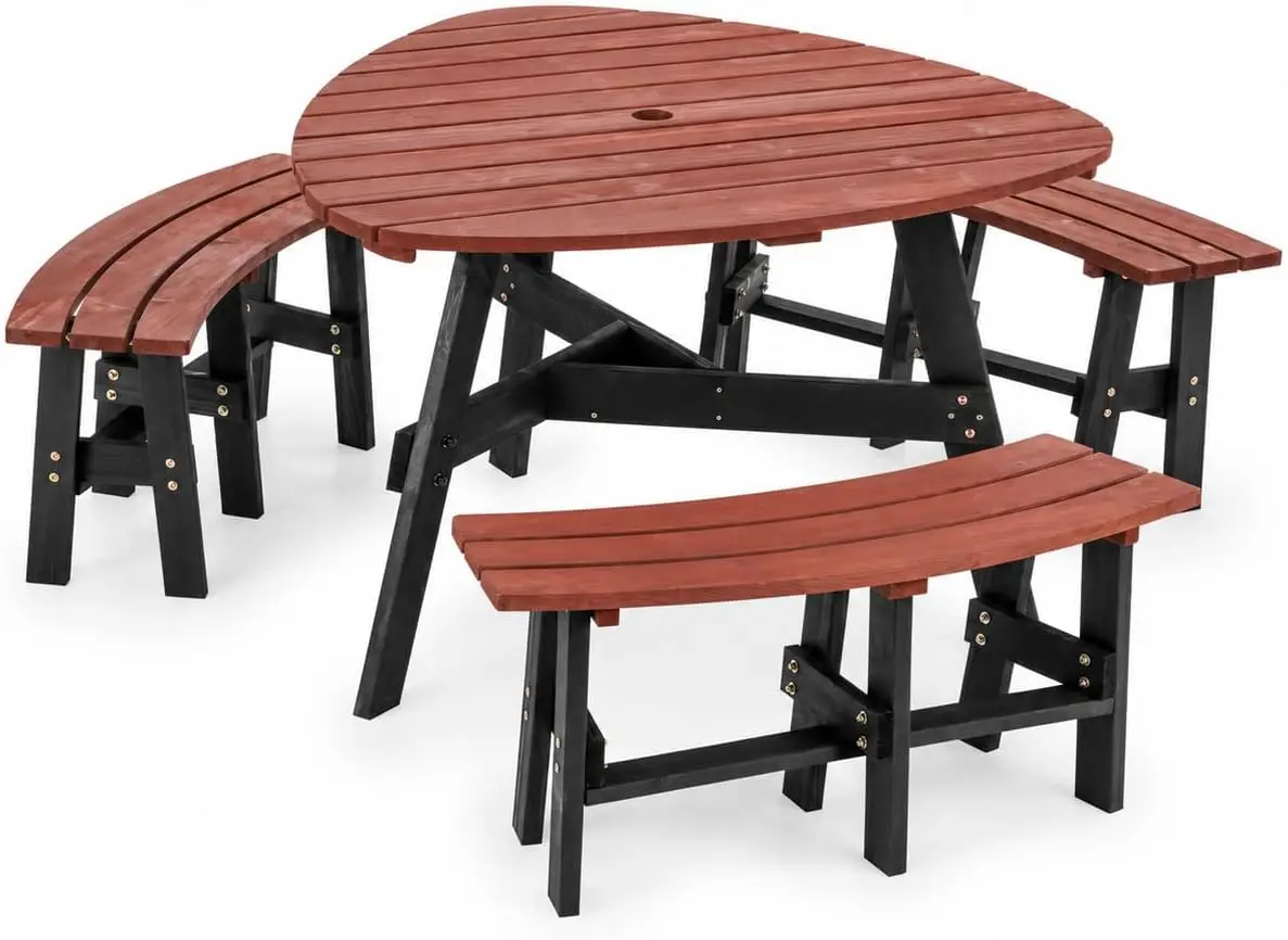 6-Person Round-Style Outdoor Picnic Table with Umbrella Hole, Curved-Edge Patio Dining Table with 3 Attached Benches, Backyard P