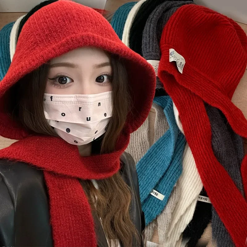 Korean Winter Balaclava Windproof Scarf Hat Little Red Riding Hood Autumn Winter Warm Unisex Hooded Hats Ear Protection Cap