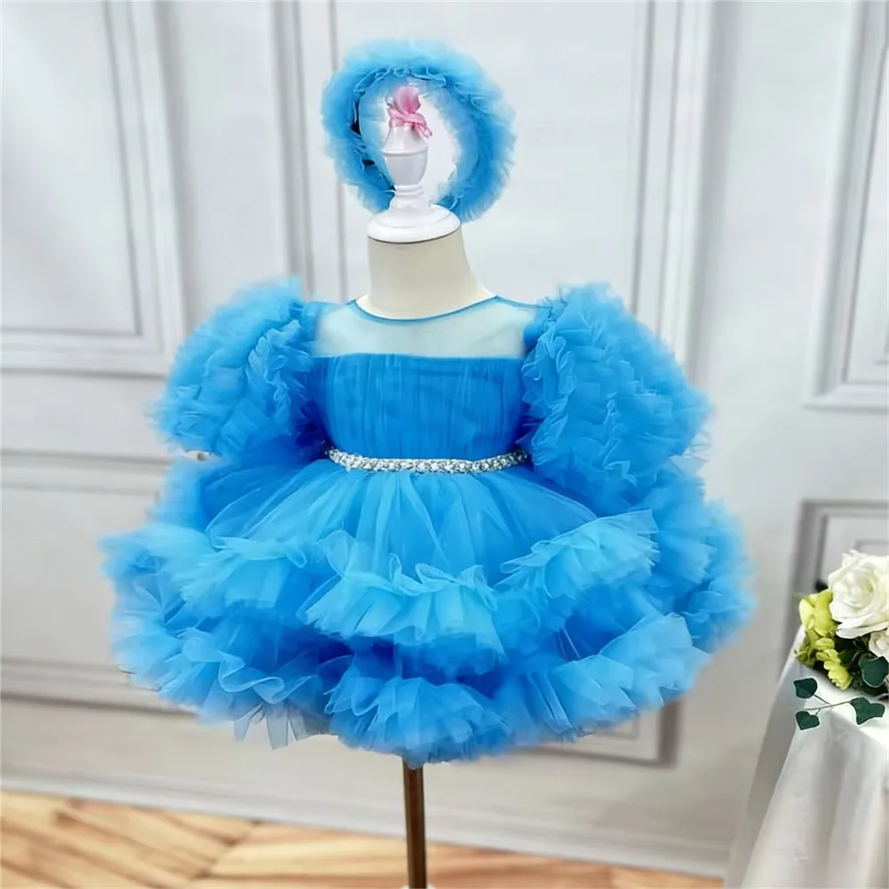 Luxury Flower Girl Wedding Dress Pearls Tiered with Bow Princess Birthday Party Dress Kids Performance Holy Communion Ball Gown