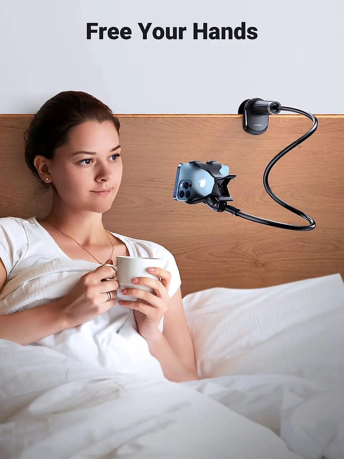 UGREEN ブラックバタフライクリップ式スマホホルダー、グースネック式スマホスタンド、ベッド用固定式スマホマウントクランプ、長さ3フィート