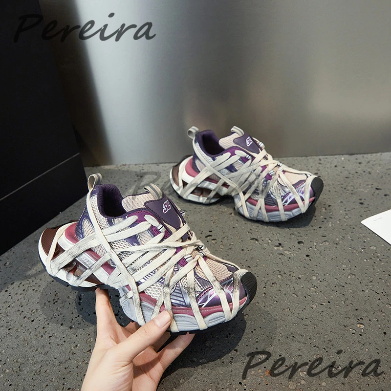 Mesh Thick Soled Casual Sneakers for Men Women Summer Breathable Lace Up Sports Shoes Trendy Cross Strap Outdoor Couple Shoes