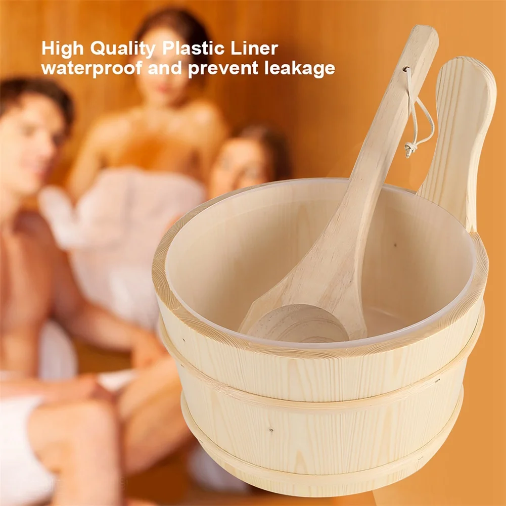 1 Gallon Solid Pine Sauna Water Bucket With Long Handle Ladle Removable Liner Traditional= Wood Bath Scoop For Steam Room
