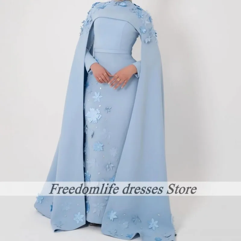 

Dusty Blue Evening Dresses With Cape Formal Wedding Party Dress Long Sleeves Dubai Special Occasion Gowns Customized