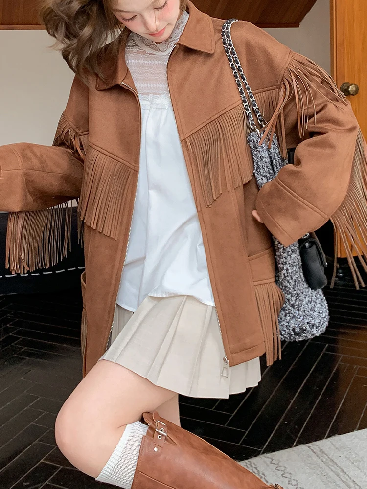 YERMORA براون الجلد المدبوغ شرابة جيب سترة خمر للنساء التلبيب كم طويل فضفاض معطف جديد موضة المد ربيع الخريف 2025
