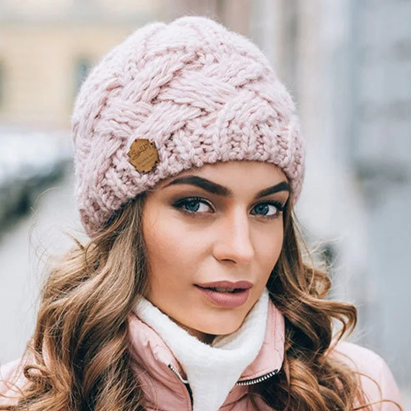 Women Winter Knitted Beanie Hat Soft Thicken Keep Warm Solid Color Bonnet Caps Female Fashion Cashmere Wool Skullies Hats