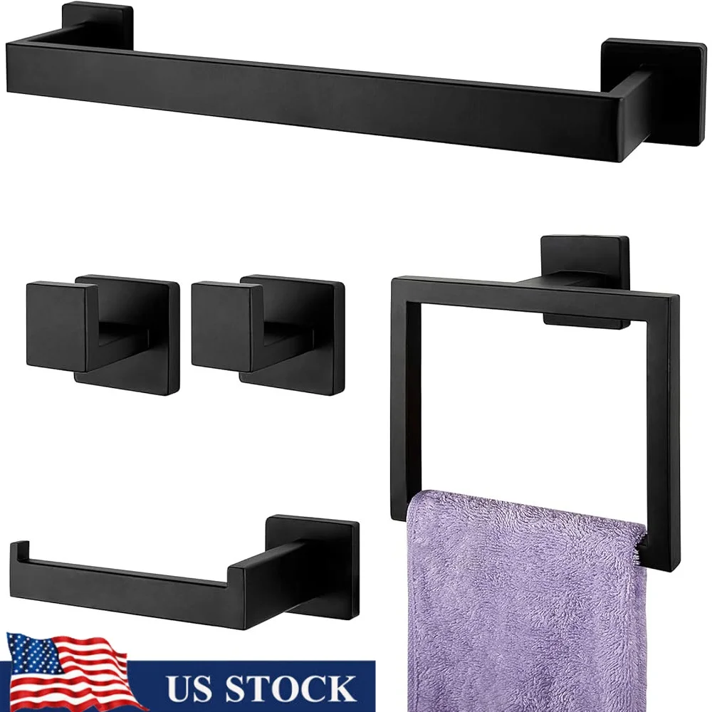 

5-Pieces Bathroom Hardware Set Matte Black SUS304 Stainless Steel Wall-Mounted Towel Bar Towel Rack Toilet Paper Holder Hooks