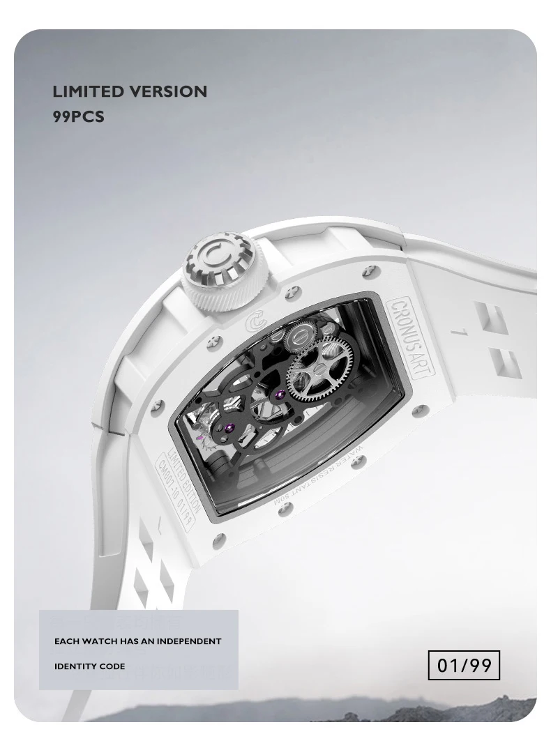 CRONUSART Orologio da uomo Tourbillon Tonneau Orologio da polso meccanico 5Bar Cassa in ceramica Luminoso cinturino in gomma fluorurata Specchio zaffiro