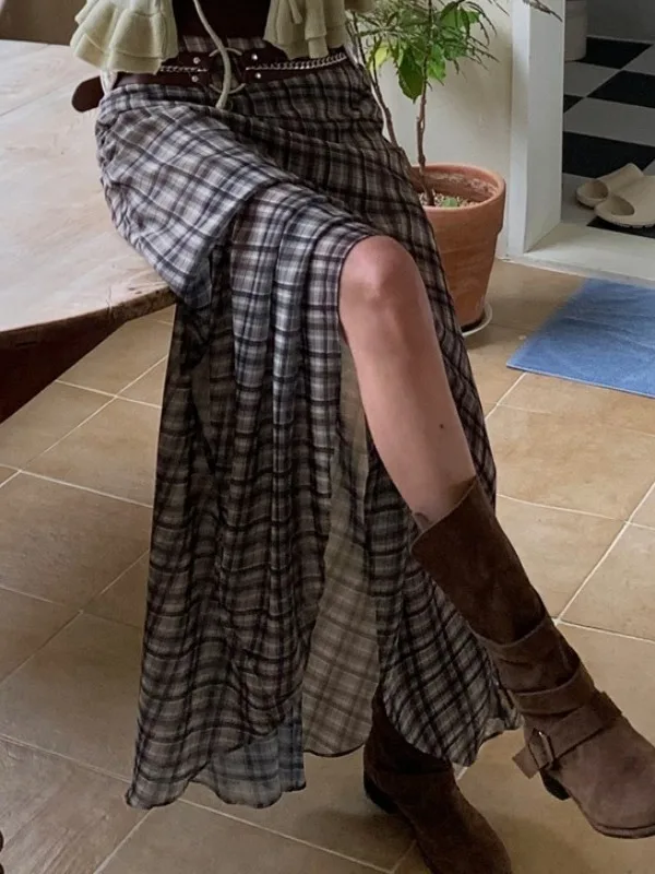 

Summer New Women's A-Line Skirt Transparent Gingham Pattern Silk-Like Fabric High Waist Commute Sle Embroidered Detail