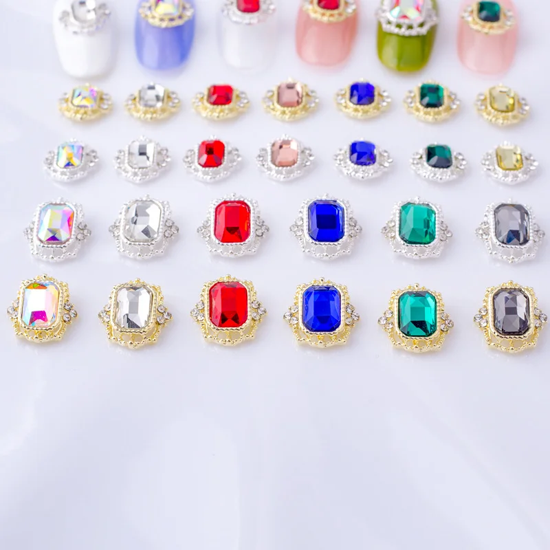 10pcs Luxury Nail Charms Jewelry Parts Flatback Nail Art Rhinestone Alloy Crystal Rectangle Gems Stones For Manicure Decoration
