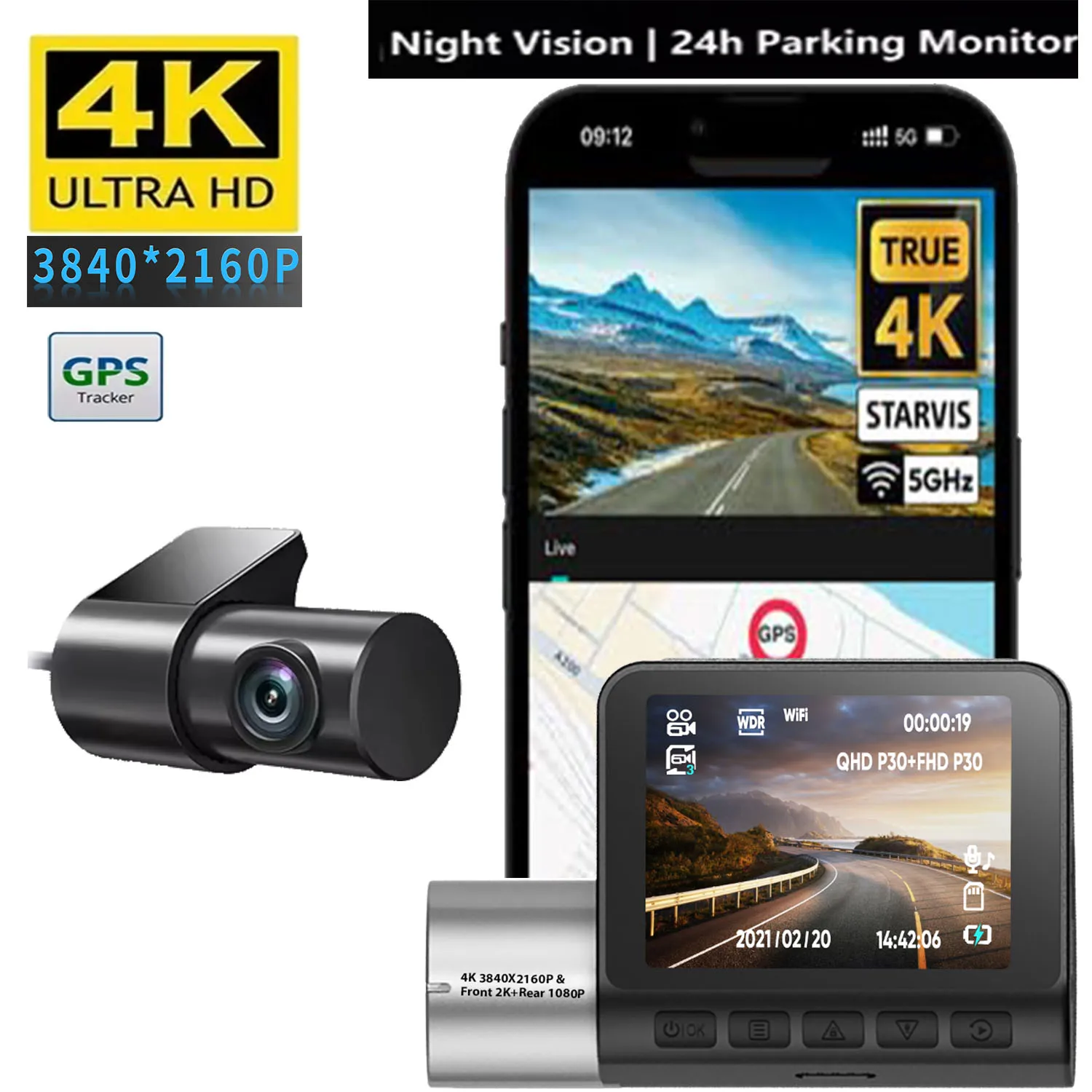 

4K видеорегистратор, мини-камера, рекордер, GPS, Wi-Fi, 24 часа, парковочный двойной объектив с черной коробкой 1080P, автомобильный видеорегистратор, видеокамера ночного видения