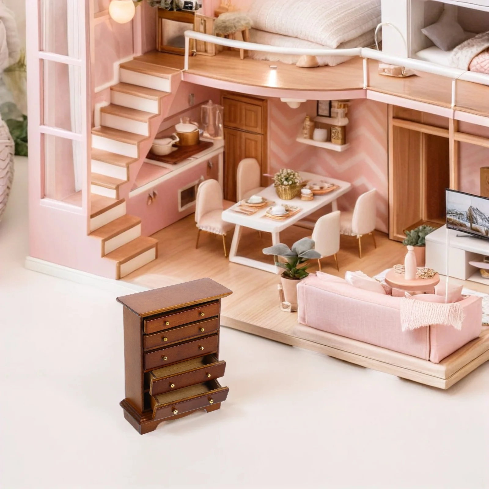 ミニチュアブラウンウッドベッドサイドテーブルナイトスタンド引き出し収納キャビネットヴィンテージスタイルドールハウスミニ家具寝室