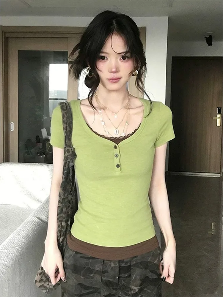 Green Lace Splice Short Sleeve T-Shirt Women's Slim Fit Korean Style Beautiful Unique Top Summer New Style Shoulder Length