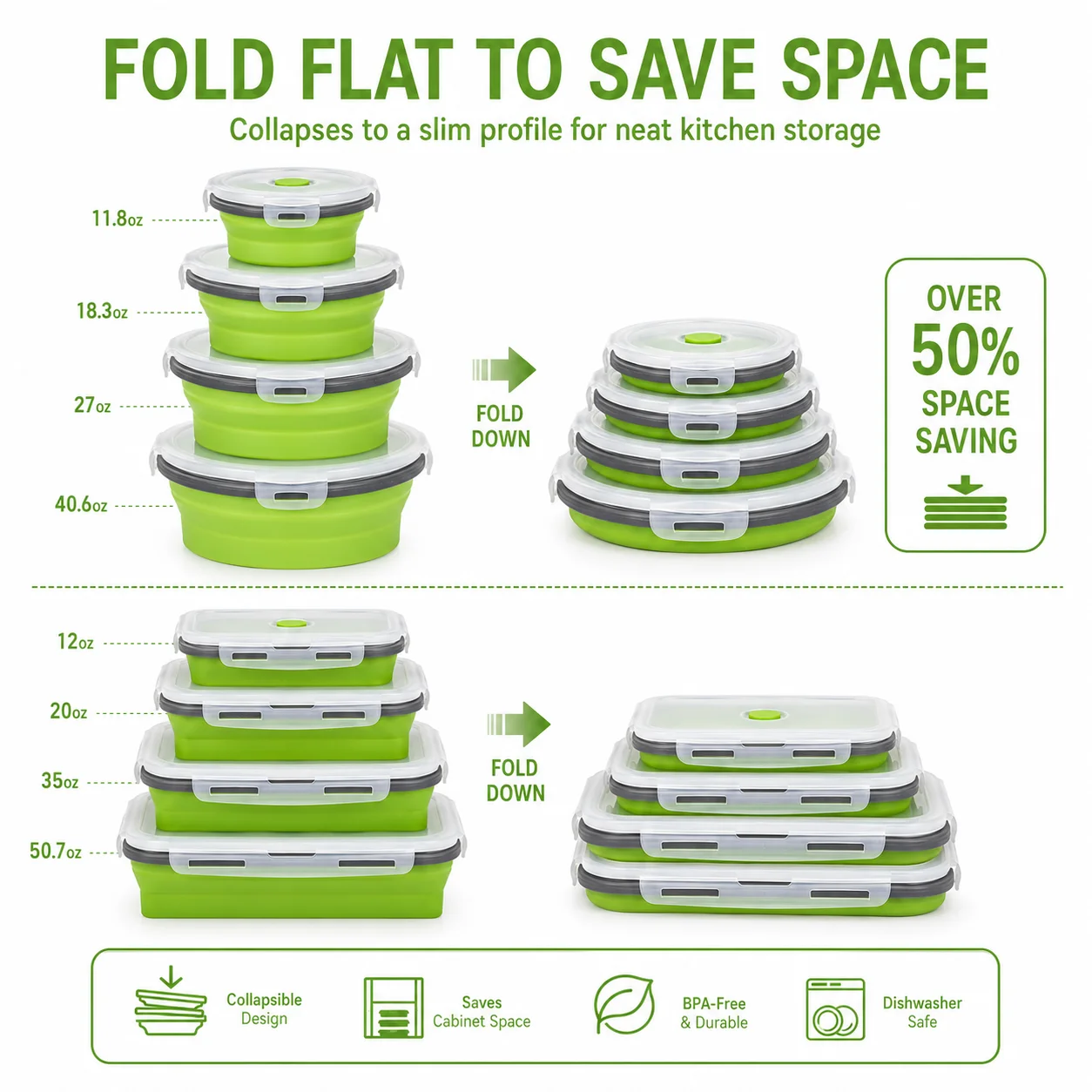 Uwhise Collapsible Silicone Food Container Set 4 Pack Leak Proof Bento Box With Snap Lid Microwave Safe Space Saving