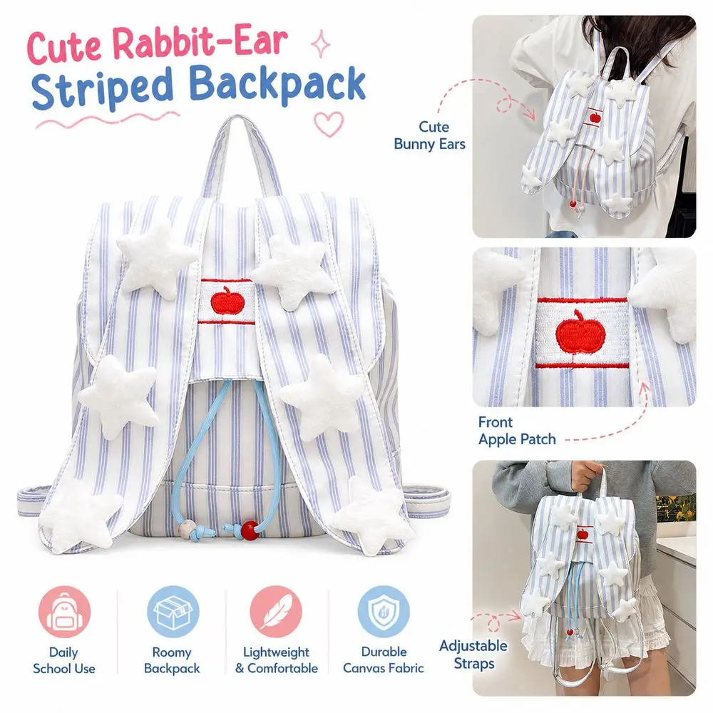 Canvas Backpack Rabbit Ear Backpack Canvas Rabbit Ear Flap Bunny Backpack Front Patch Detail Adjustable Shoulder Straps