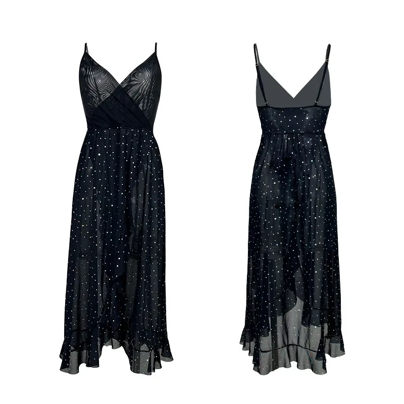 Women's Nightgowns Sexy Backless Mesh V-neck High-slit Shining Rhinestone 2025 Summer Ruffles Breathable Homewear Pajama 797