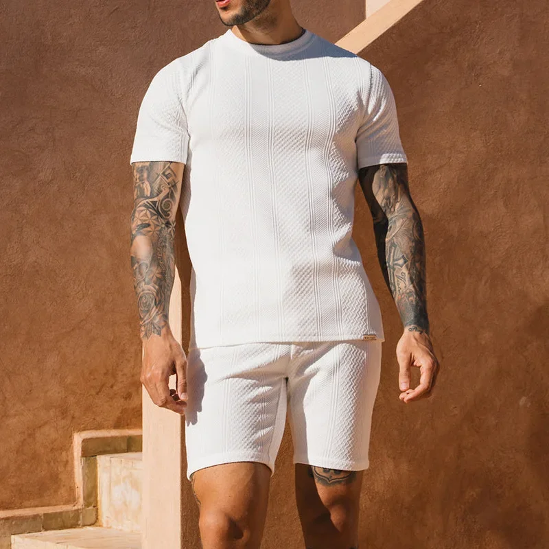 2024 Solid Texture Shorts Short Sleeve Set Round Neck T-shirt Sports Men's Summer Two Piece Set