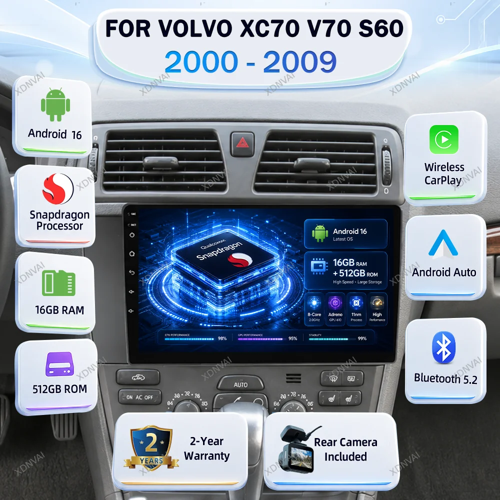 Android 16 Multimedia Car Radio For Volvo XC70 V70 S60 2000 - 2009  Video Player 4G LTE Navigation GPS Head Unit Carplay RDS DSP