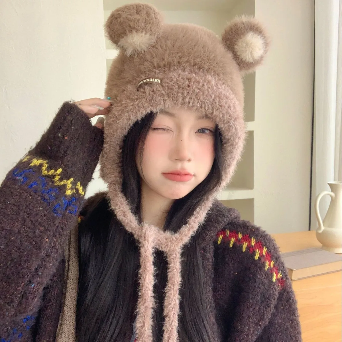 

Cute Bear Design Knit Beanie for Women - Autumn Winter, Oversized Fit, Thickened Warm & Cold-Proof, Face-Slimming Wool Hat