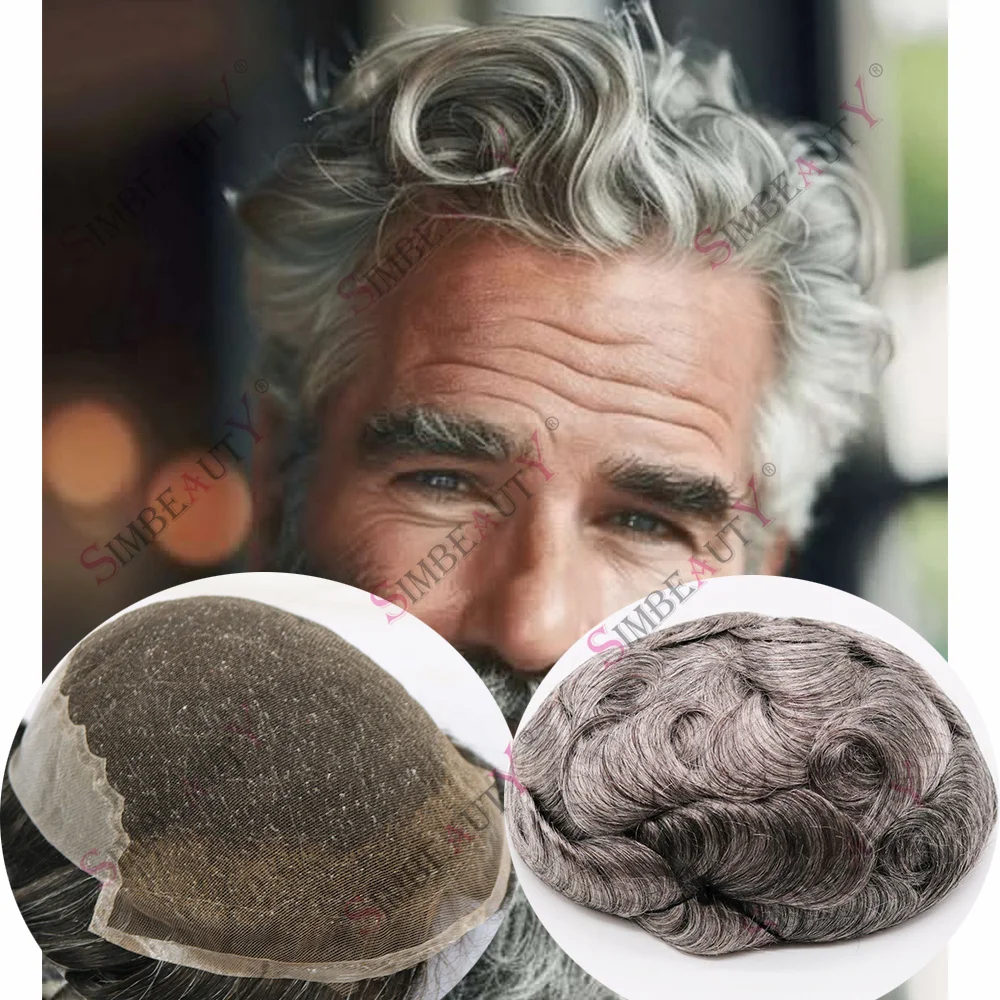 

# 1B80 1B65 # Мужской парик-накладка серо-черного цвета, дышащий, Q6, с швейцарским кружевом и полиуретановой основой, 100% натуральные человеческие волосы, цвет соленый перец, протез для волос