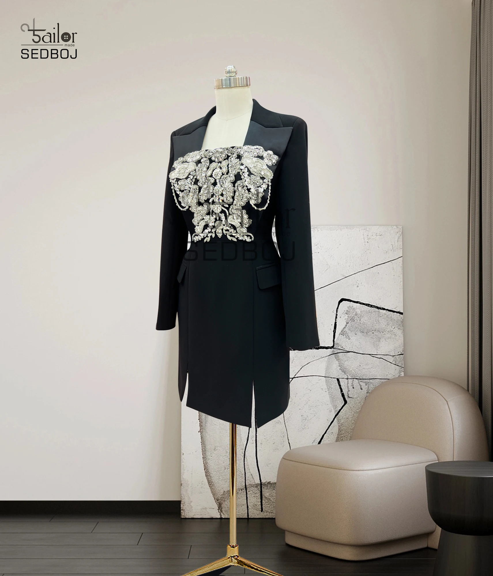 New Summer 3D Square Neck Black Beaded A-line Dress
