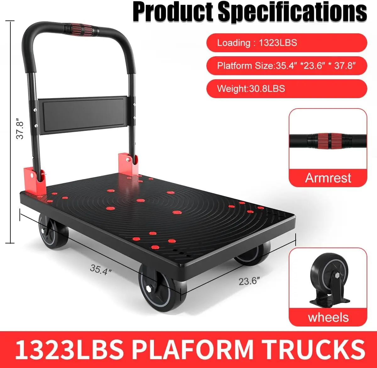 Push Cart, Folding Mobile Platform Trolley,Thickened And Reinforced, 360° Swivel Wheels,35.4 “L X 23.6 ”W, 1323 Lb.Black