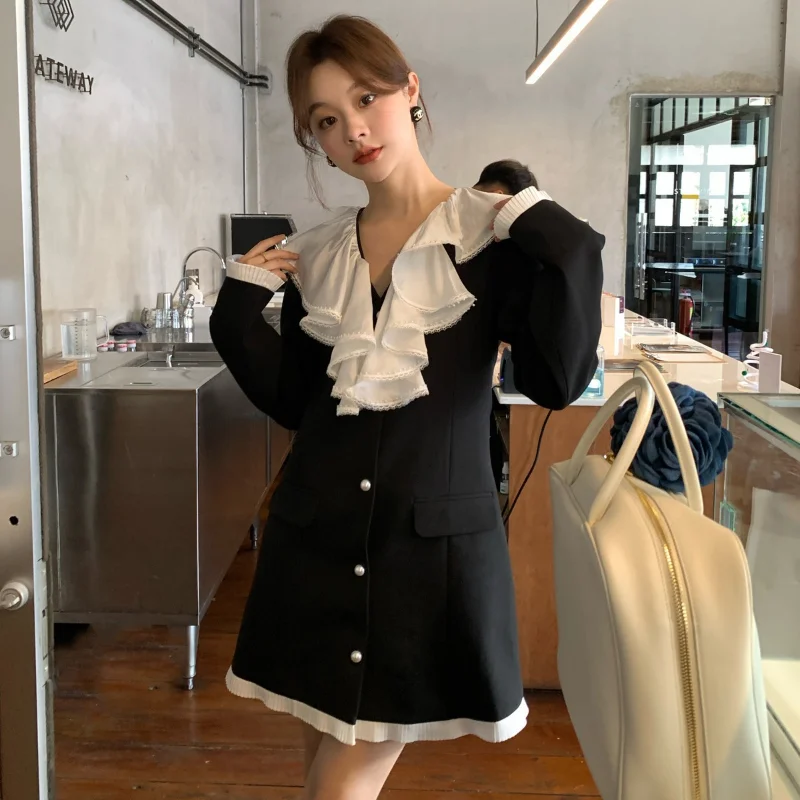 Spring French Hepburn Lotus Leaf Collar Black Dress Women Slim Long Sleeve Korea Chic Elegant Vintage  Small Fragrance Dresses