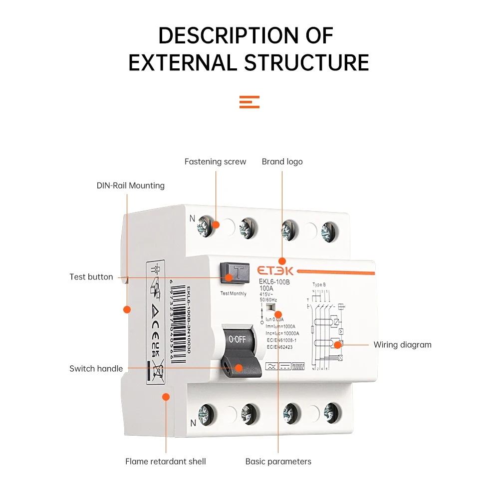 ETEK RCD RCCB Type B Earth Leakage Residual Current Circuit Breaker Evse 2P 4P 40a 63a 100a 30ma 300mA EKL6-100B Din Rail 220V