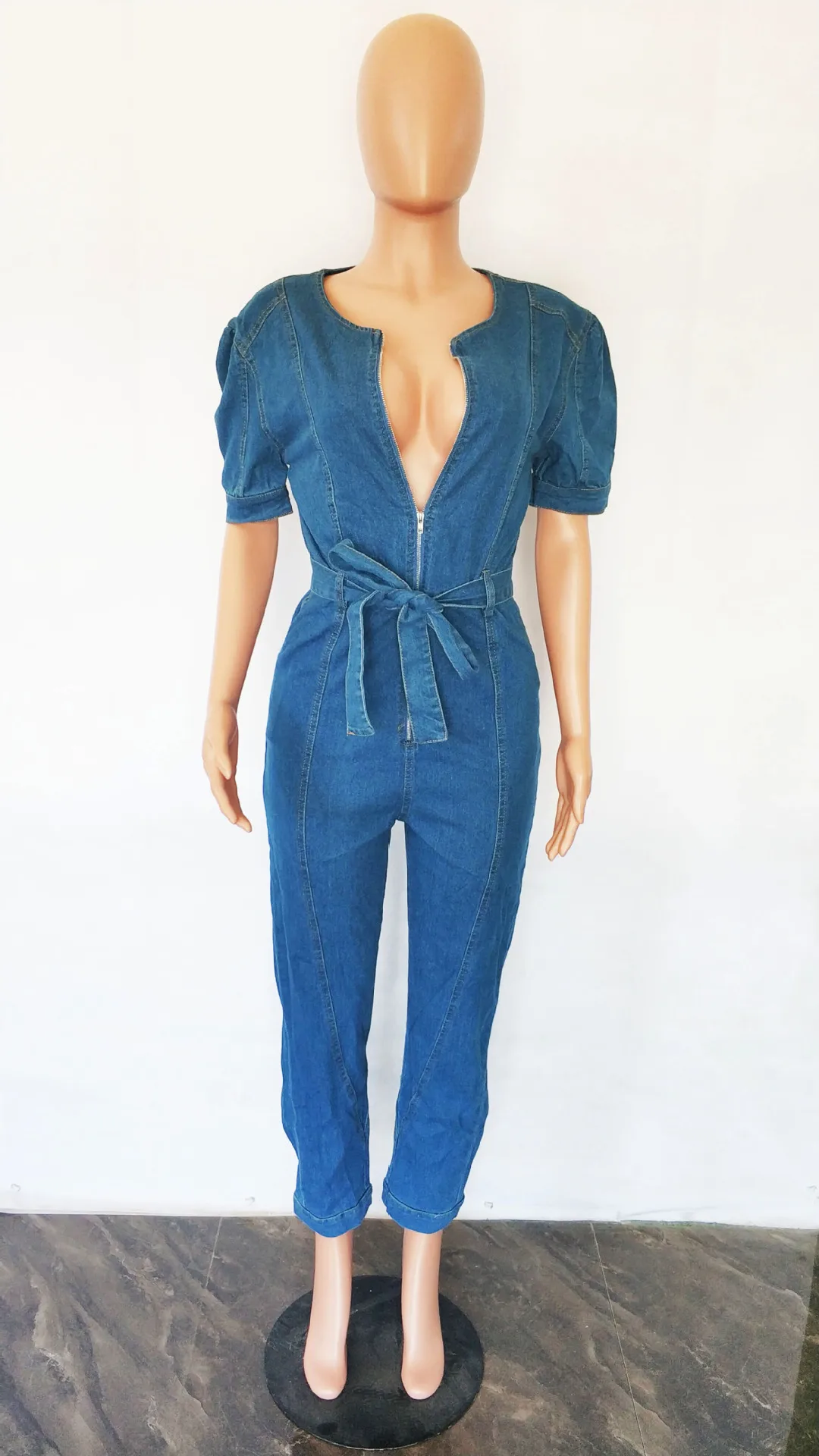 Stylish Women's Denim Romper Summer Short Sleeve Deep V-Neck Loose Comfortable Solid Color Ladies Romper Pants