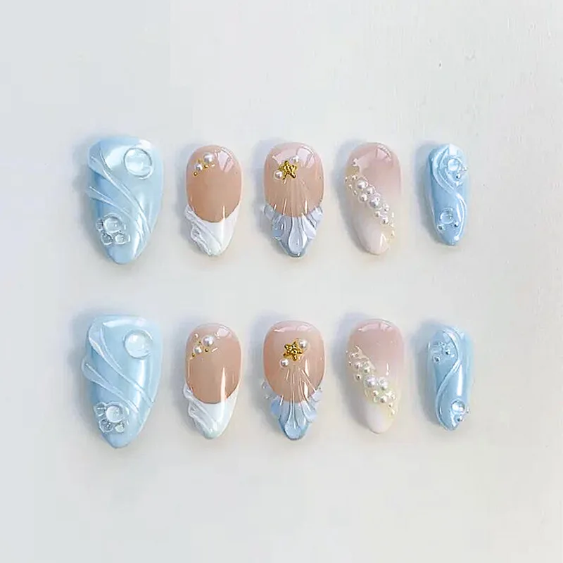 

24 шт. светло-голубых накладных ногтей в форме миндаля с 3D цветочным узором, жемчугом и золотом, в стиле «Сладкое лето» и «Океан», элегантные, многоразовые, искусственные ногти (네일팁)