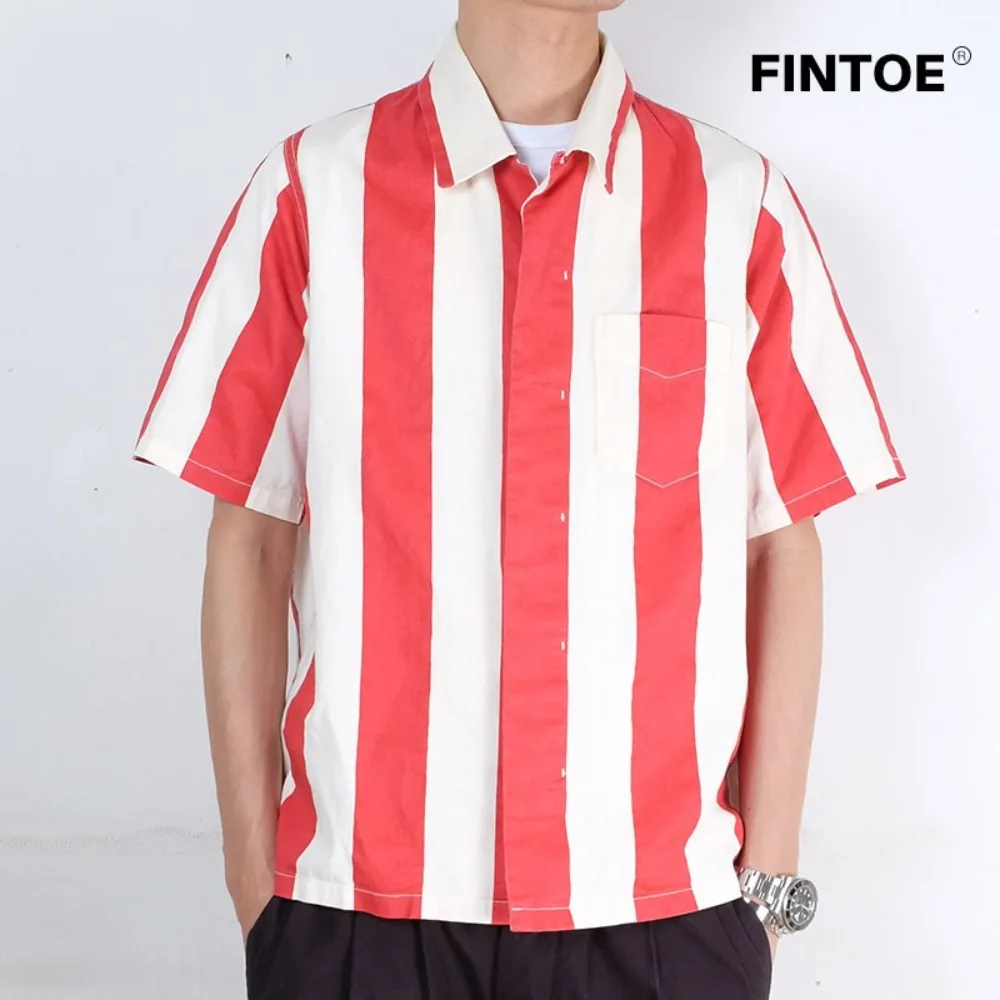 Japanese All Cotton Paint Printed Short Sleeved Stripe Shirt for Men