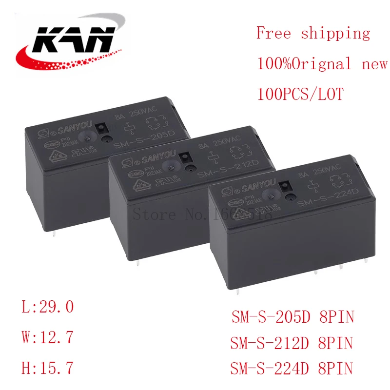 

Free shipping 100pcs Power relay SM-S-205D SM-S-212D SM-S-224D 5VDC 12VDC 24VDC 8A 250VAC 8PIN Original New