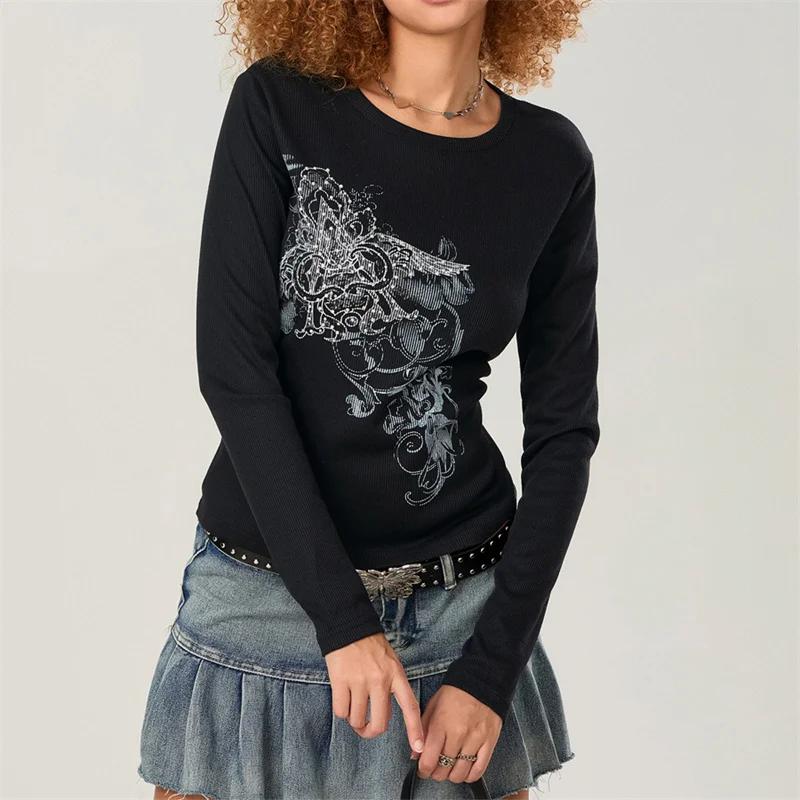 Y2k Grunge Cyber Tops Wings Graphic Print T-shirt Women Autumn Clothes Pullovers Tees Retro Aesthetic Cottage Crop Tops