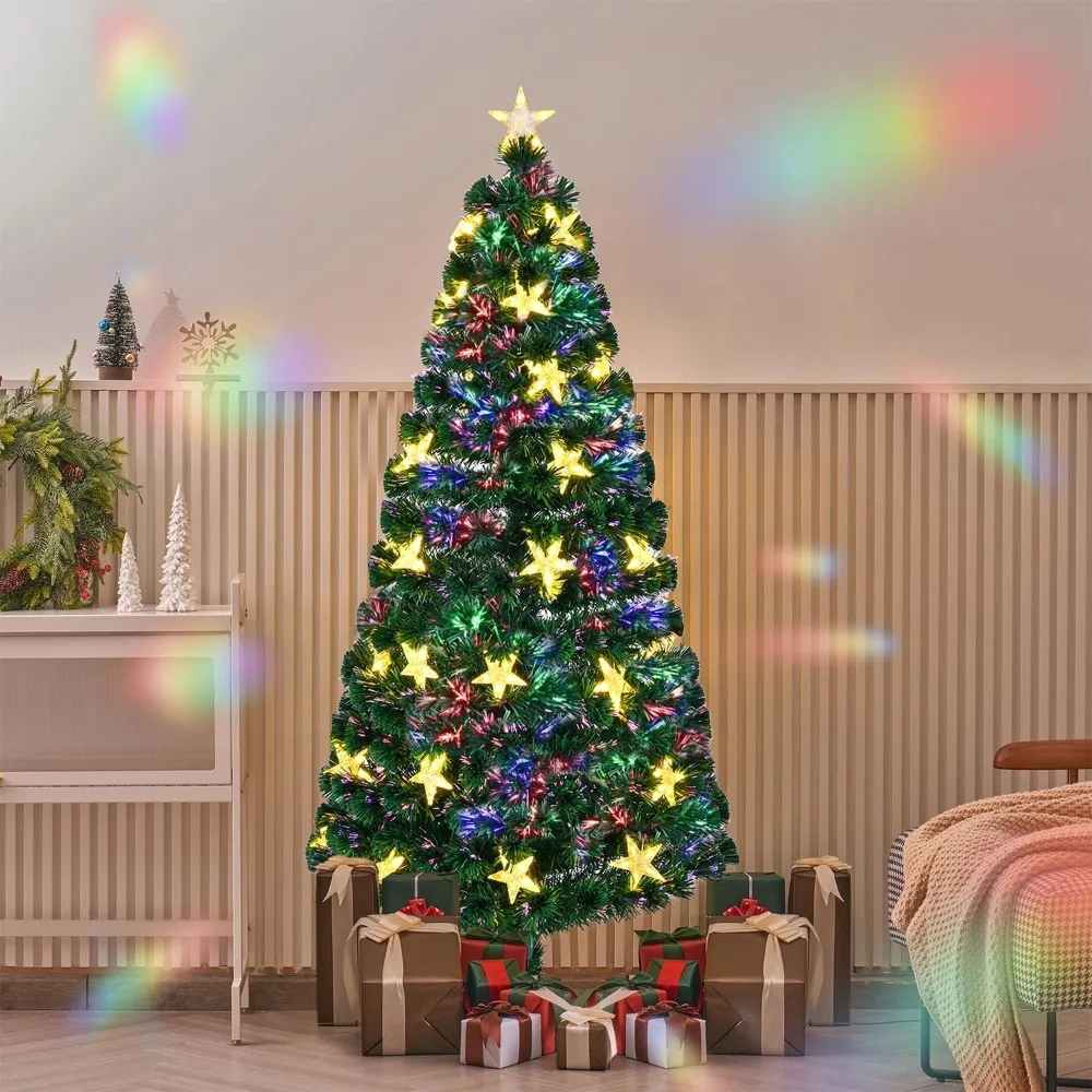 

6 Feet Tall Pre-Lit Artificial Christmas Tree with Lighted Fiber Optics, Warm White Stars and Color-Changing Lights