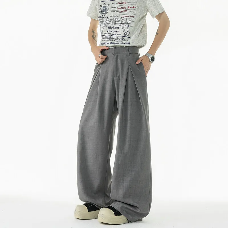 

New Men's Fashion Oversized Pants Wide Leg Long Draped Trousers Solid Straight Front Pleated Casual Pants for Man