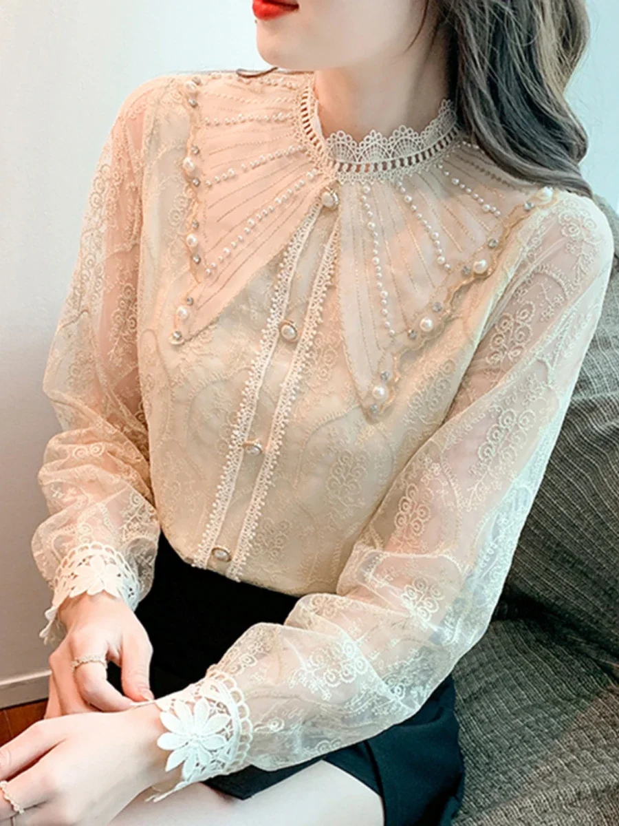 French Elegant Lace Shirt 2022 New Fall Women Clothing Luxury Chic Beads Embroidery Cute Doll Collar Long Sleeve Blusas Top Lady