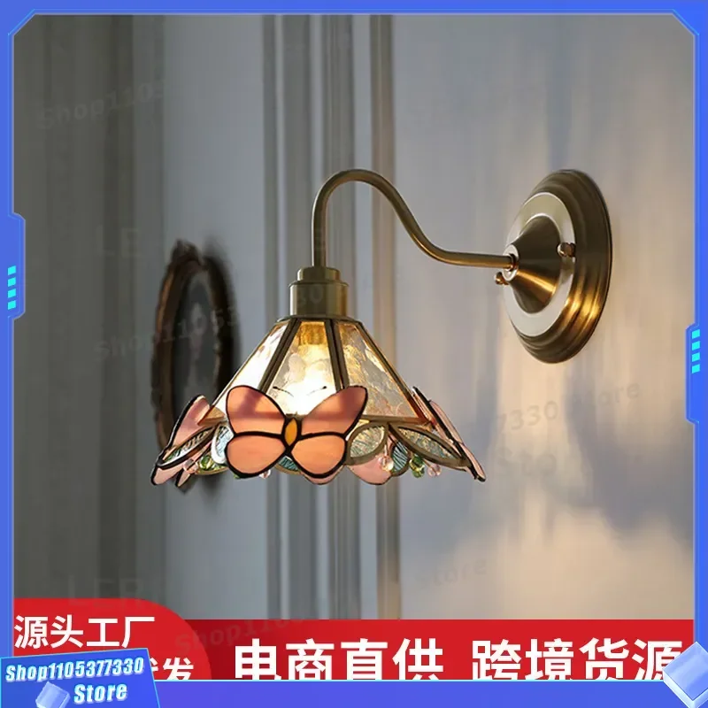 Japanese Retro All Copper Wall Lamp French Butterfly Glass Sconce for Bedside Entrance Corridor Cafe B and B Home Decor