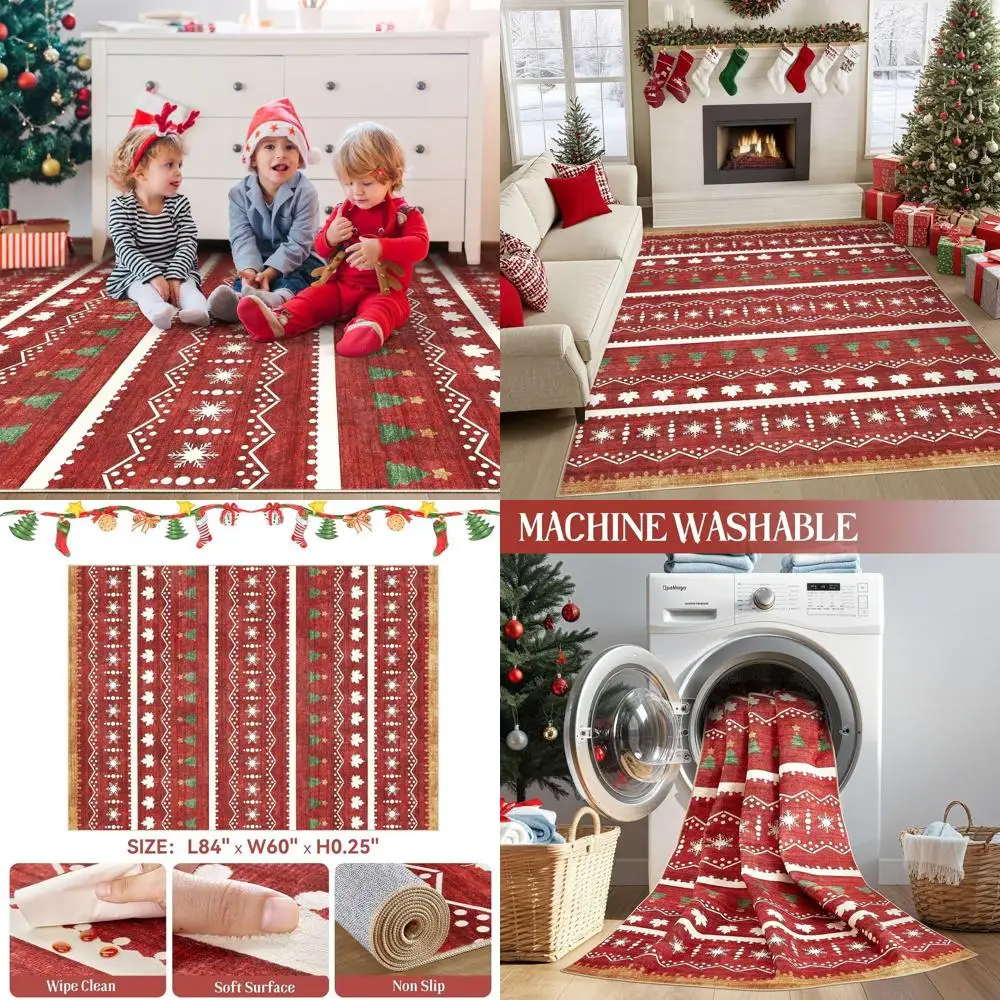 

Large 5x7 Soft Neutral Bohemian Moroccan Rug for Living Room, Washable, Ideal for Home Office and Bedroom, Red Christmas Theme