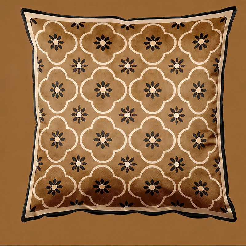 

One-Piece Peach Skin Cushion Cover Vintage Floral Geometric Square Throw Pillowcase Classic Brown Couch Living Room Home Decor