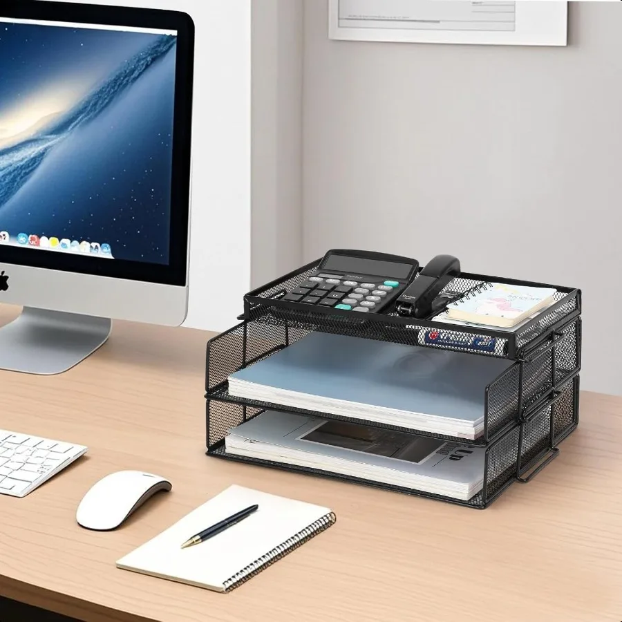 Органайзер для бумажных лотков для писем, 3-уровневый сетчатый настольный органайзер для файлов, лотки для писем, штабелируемые порта, съемный дизайн, черный