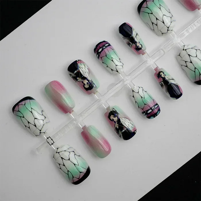 

Iguro Obanai Uzui Tengen Tokitou Muichirou Kanroji Mitsuri Kochou Shinobu Fake Nails Anime Gradient False Nail Art Accessories