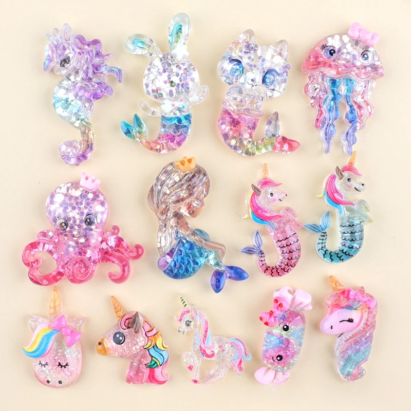 40pcs 35*20mm Cartoon Mermaid Resin Flatback Decorative Figurines Jellyfish DIY Accessories Hole Shoes Phone Case Hairbow Center