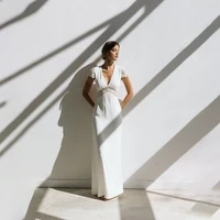 Simple Mermaid Bridal Gown Deep V Floral Lace Cap Sleeve Sheer Waist Cutout Back Buttons Soft Chiffon Custom Beach Wedding Dress