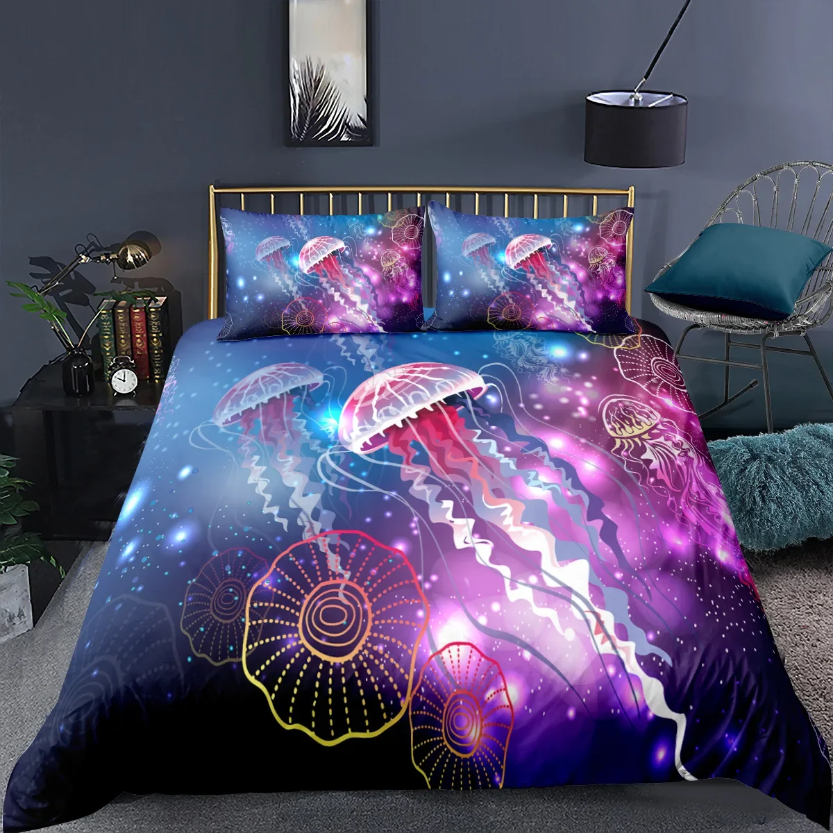 Colorful Jellyfish Decor Duvet Cover King/Queen Size,Underwater Animal Comforter Cover,Sealife Theme Quilt Cover for Kids Teens