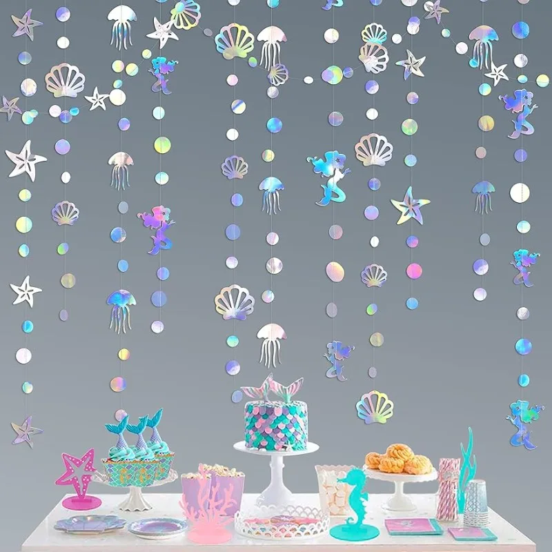 40 Ft Iridescent Mermaid Garland with Jellyfish Seashell Starfish Pearl Holographic Streamer for Under The Sea Party Decorations