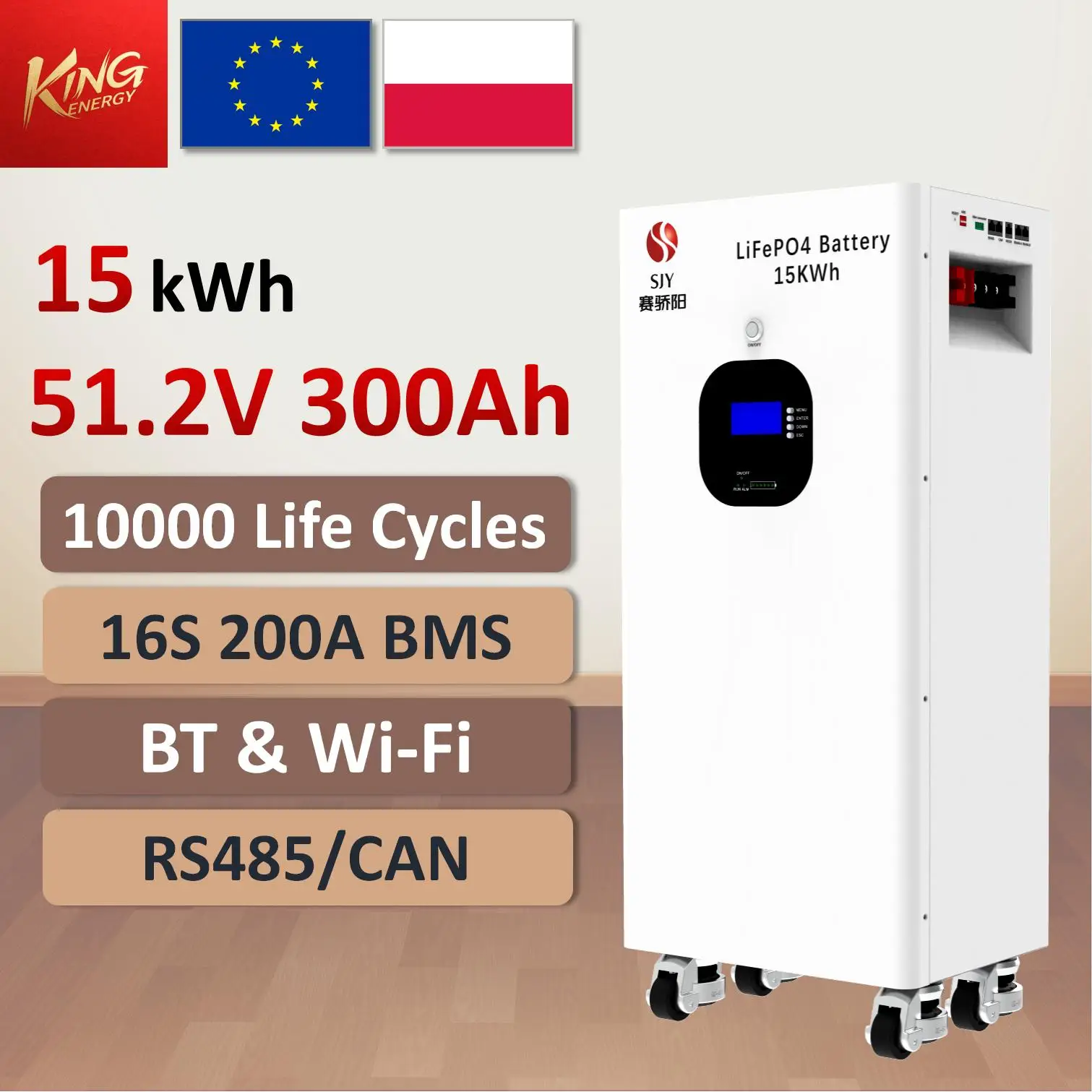 10000 Cycles 15kWh LiFePO4 51.2V 300Ah Lithium Battery Pack for 48V Solar Energy Storage Photovoltaic System, CE